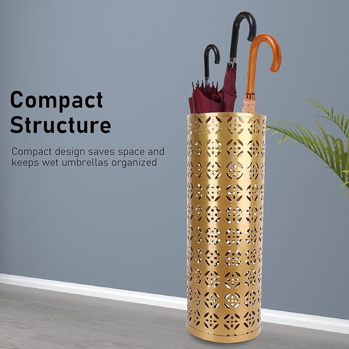 Fockety Metal Umbrella Holder, Round Proof Umbrella Storage Organizer Hollow Copper Pattern Umbrella Organizer Bin Umbrella Stand Rack for Home Entryway Hotel Office Decor