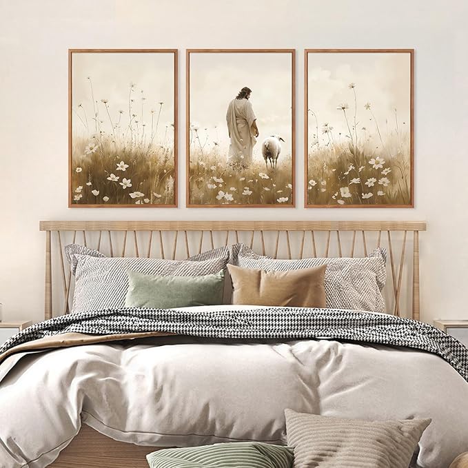 KAIRNE Jesus Wall Art Set of 3(24”X36”),Lost Sheep Wall Decor,Religious Scripture Art Print,Christian Bible Wall Paintings,White Floral Pictures for Church Bedroom Living Room Office Decoration,Framed