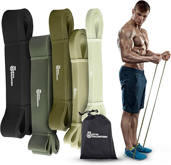 Gym Salvation Resistance Bands Set, 5 Pull Up Assist & Strength Training Bands, Durable Powerlifting & Workout Loops with Carry Bag - Black and Military Green Shades