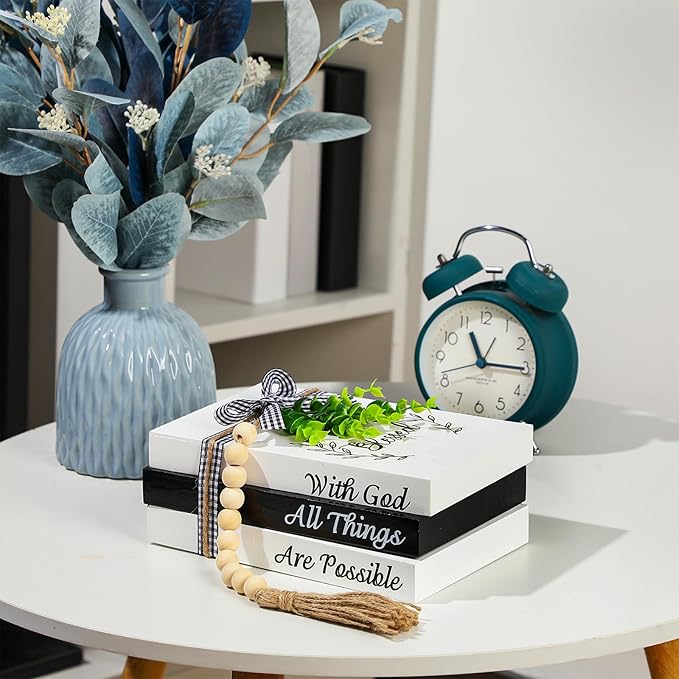 Capoda 3 Pcs Decorative Books for Home Decor Farmhouse Faux Stacked Books Wooden Rustic Table Decor with Bead Garland Twine Ribbon Faux Leaf for Table(Blessed)