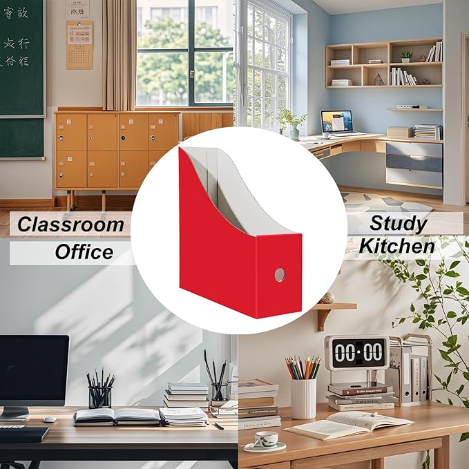 Limitliho Magazine File Folder Holder for Desk, Book Bins for Classroom Library,Office,Home, 10.6" H x 10.2" L x 3.5" W in Cardboard Paper Organizer (Red, 2 Pack)