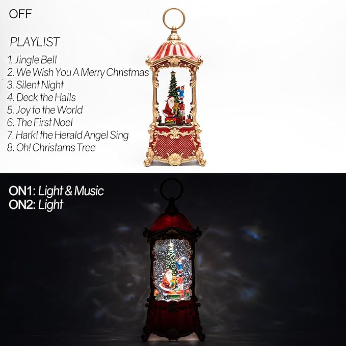 14" Christmas Snow Globe Lantern with Santa Claus - Swirling Glitter LED Light Musical Water Lantern with Rotatable Interior - Vintage Xmas Gifts - USB Plug or Battery Operated Home Decor (Palace Red)