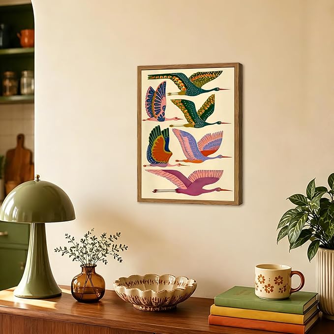 Framed Colorful Bird Wall Art, Vintage Flying Heron Pictures Wall Decor, Mid Century Modern Animal Paintings Canvas Prints Abstract Home Decor Aesthetic Artwork for Living Room Bedroom 16x24 inch