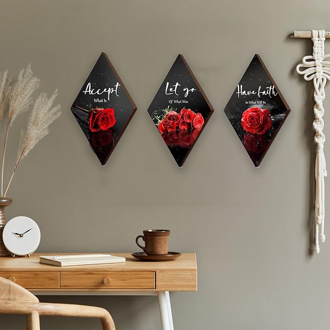 3 Pcs Red Rose Bathroom Wall Decor Flower Red Decor Inspirational Wooden Wall Art Office Wall Decor with Accept Let Go Have Faith Sign for Girl Women Bathroom Living Room Bedroom(12 x 7 Inch)