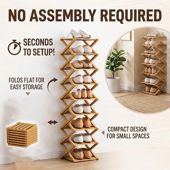 9 Tier Bamboo Shoe Rack, Foldable Shoe Rack, Shoe Rack, Ertical Shoe Organizer for Small Spaces, No Assembly Narrow Shoe Shelf for Entryway Closet Dorm (Brown, 7 Layers)