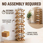 9 Tier Bamboo Shoe Rack, Foldable Shoe Rack, Shoe Rack, Ertical Shoe Organizer for Small Spaces, No Assembly Narrow Shoe Shelf for Entryway Closet Dorm (Brown, 7 Layers)