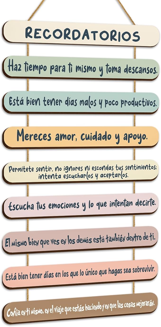 Yookeer Mental Health Reminders Wall Decors Wooden Hanging Art Counseling Room Decor Positive Psychology Affirmations Feelings Pediments for Home Counseling Office (Bright Color,Spanish Style)