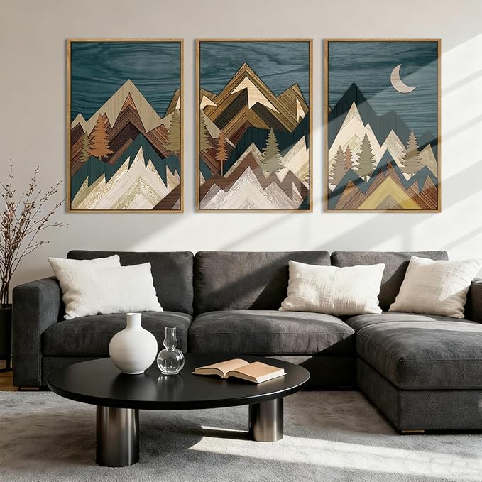 BINCUE Extra Large Mountain Wall Art Moon Froest Wall Decor Nature Landscape Art Print Framed Mountain Artwork Farmhouse Rustic Wall Paintings Large Landscape Artwork for Living Room Bedroom Office 24x36 Inches Set of 3