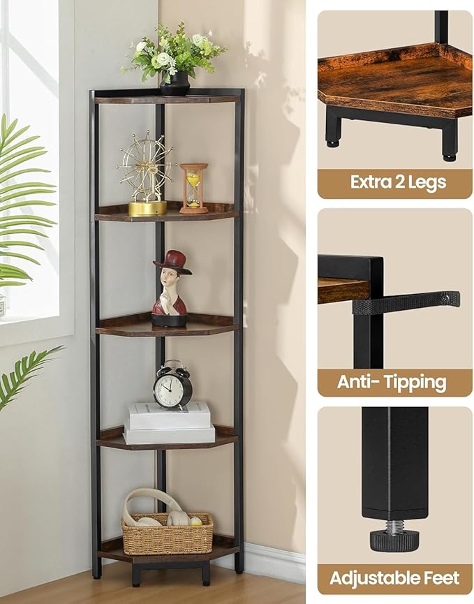 Hzuaneri Corner Shelf Stand, Corner Bookshelf, Storage Standing Shelf Unit with Metal Frame, Plant Stand, Bookcase for Living Room, Home Office, Bedroom, 5-Tier Rustic Brown CS05901B