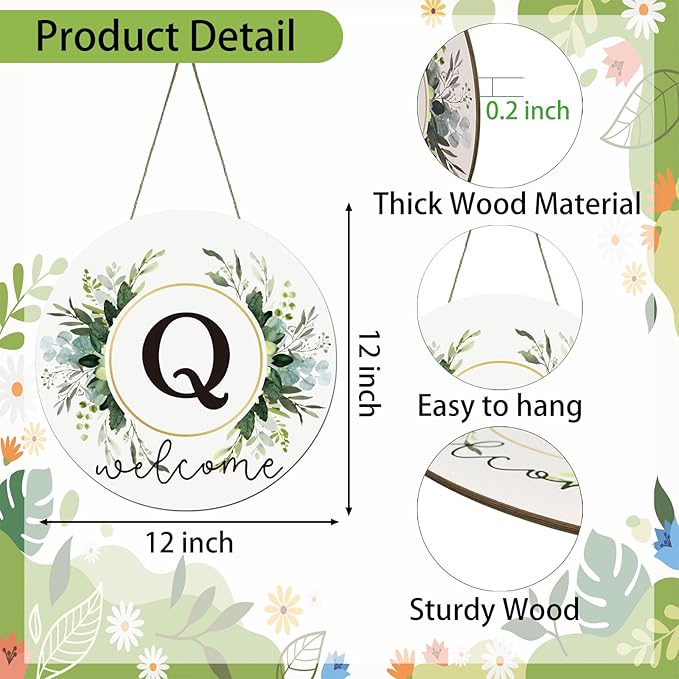 Monogram Letter Q Wreaths for Front Door Wreath Wooden Welcome Sign for Front Door Decor Floral Family Last Name Initial House Warming Spring Summer Porch Rustic Wall Home Kitchen Boho Decorations