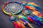 OMA Rainbow Chakra Dream Catcher Wall Decor – Handcrafted Dream Catcher with Multicolor Tie Dye Feathers for Bedroom, Living Room, Dorms & Gift – 7" Diameter x 22" Long