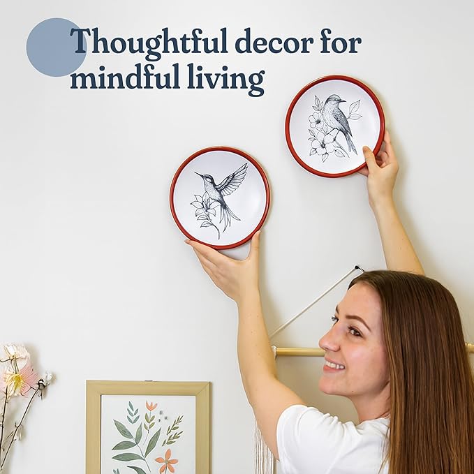 FINE LIVING 8 Inch Hummingbird Wall Art Terracotta Plates Set of 2, Decorative Plates for Hanging, Ceramic Clay Wall Decor for Boho Rustic Farmhouse Living Room, Kitchen & Bedroom