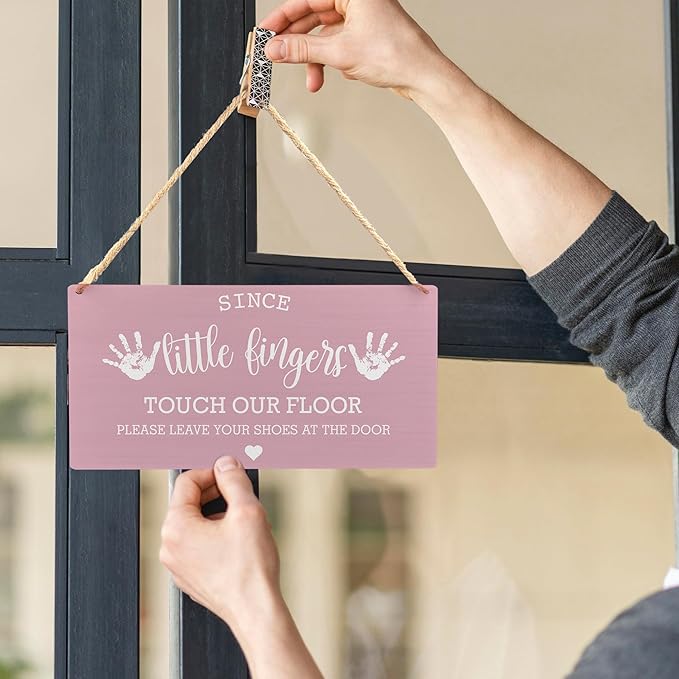 Wall Pediments Shoes Off Sign,Shoes Off Sign for Front Door,Since Little Fingers Touch Our Floor Door Sign,Shoes Off Hanging Welcome Sign for Front Door,12x6 Inches，Wood Grain-3