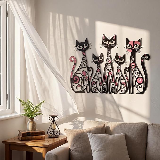 Wesiti Cat Wall Art Decor Iron Wall Sculptures Decor for Cats Lover 10.6 x 15.7 Inches Colorful Retro Mid Century Cat Signs for Home Living Room Bedroom Kitchen Office