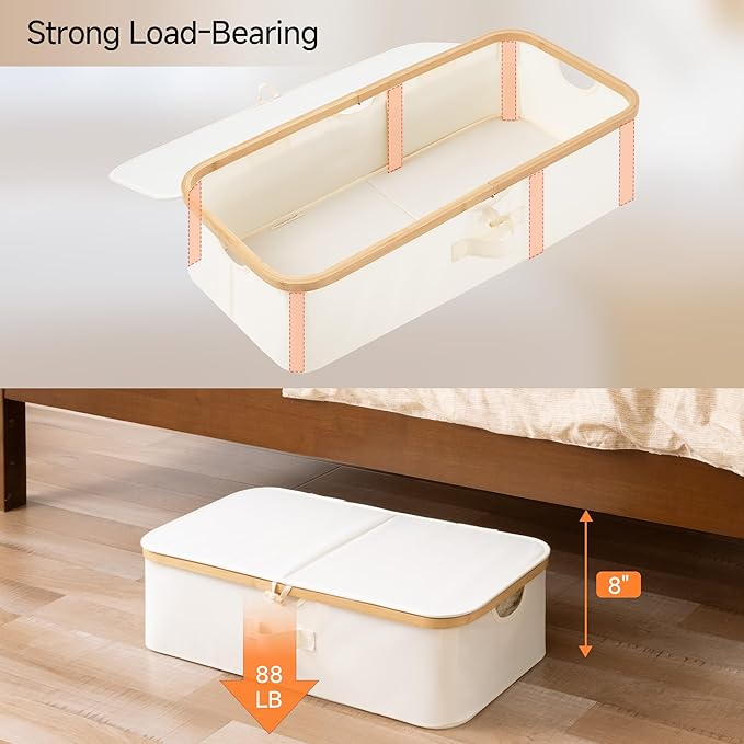 StorageWorks Underbed Storage Box with Bamboo Frame, 42L Flip-Top Under Bed Container for Blankets, Bed Sheets, Coverlets and Towels, Beige