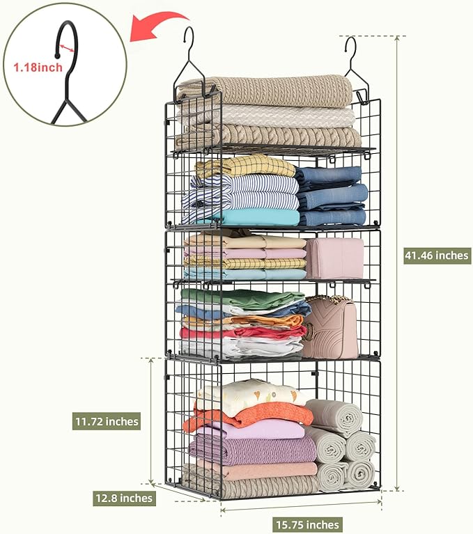 X-cosrack Closet Hanging Organizer Shelves - 5 Tier Wardrobe Organizers and Storage Bin, Hanging Organizer Shelves, Clothes Shelf with Adjustable Dividers for Bedroom Closet Sweater Shoes Handbag