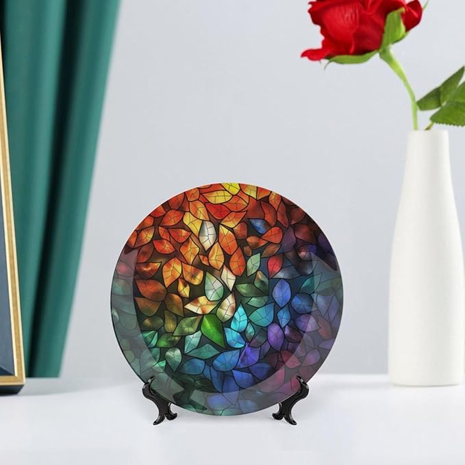 Stained Glass Theme Decorative Ceramic Plate Round Porcelain Plate,7 inch,Leaves Pattern,for Decorative Ornaments Giving Plates, 1 Plate with 1 Display Stand,Multicolor