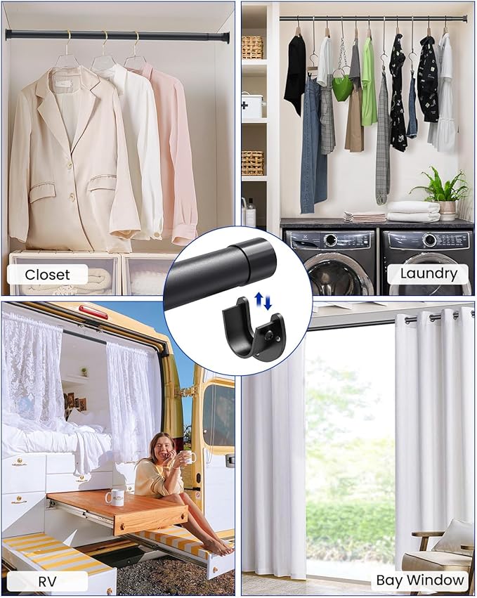 Closet Rods for Hanging Clothes, 17 to 39 Inches Stepless Adjustable Metal Closet Rod, 1.3 Inches Heavy Duty Clothes Hanging Rod for Closet Wardrobes Laundry RV, Black