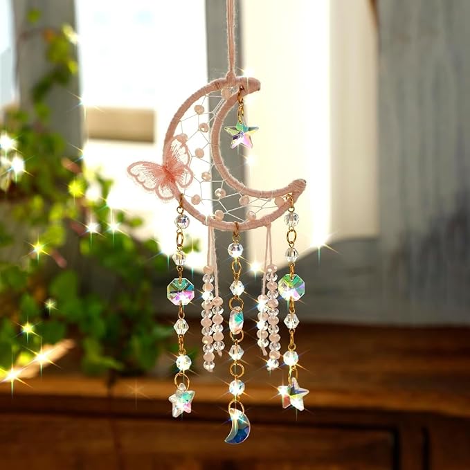 Artilady Dream Catcher for Girls - Pink Butterfly Small Moon Dream Catchers with Crystals Cute Room Decor for Teen Girls Boys Boho Bedroom Wall Home Decorations Birthday Christmas Kids Gifts