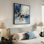 Framed Abstract Wall Art, Modern Blue White Gold Canvas Prints Artwork for Walls, Contemporary Minimalist Square Pictures for Living Room Bedroom Dining Room Hallway Office Home Decor, 30x30 In