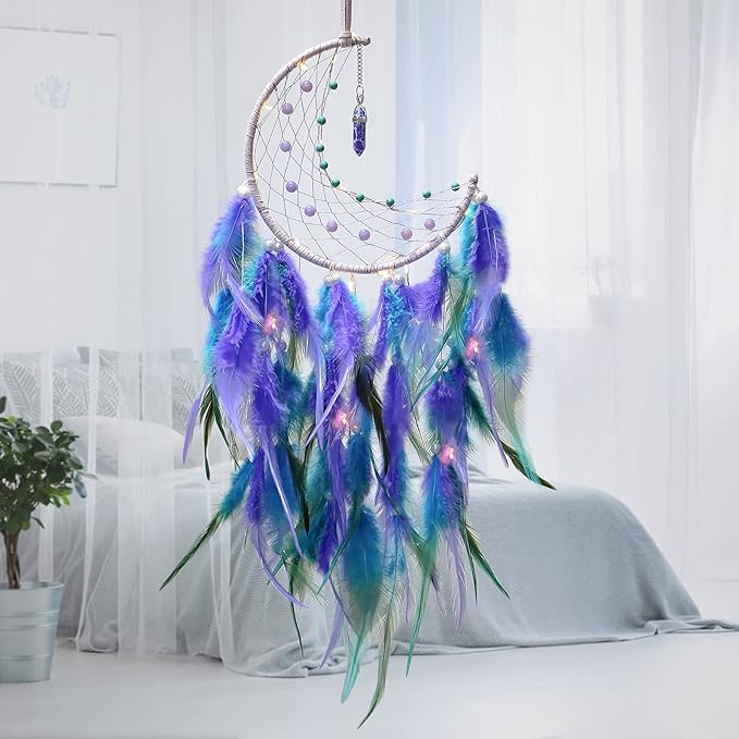 Dremisland Moon Dream Catcher with Fairy Lights-Handmade Feather Lucky Turquoise Pendant Beads Wall Hanging Ornament for Kids Bedroom Home Decoration,Art Craft Gift. (Blue&Purple)