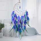 Dremisland Moon Dream Catcher with Fairy Lights-Handmade Feather Lucky Turquoise Pendant Beads Wall Hanging Ornament for Kids Bedroom Home Decoration,Art Craft Gift. (Blue&Purple)