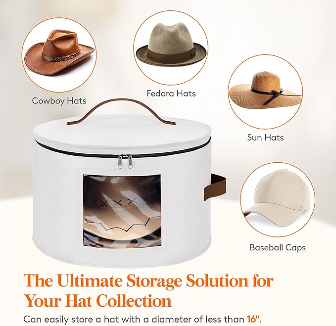 Lifewit Round Cowboy Hat Box for 7 Caps, Large Felt Hat Organizer Bag for Men&Women Storage, Baseball Cap Container with Lid for Travel, Foldable 16.5" Dx10.6 H Carrier, 37L Each, White 1 Pack