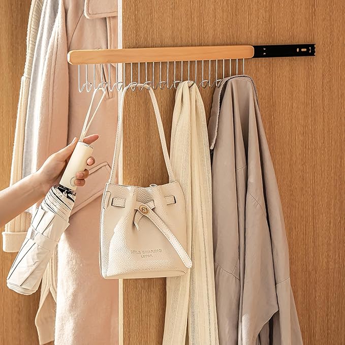 Pull Out Bra Hanger for Closet, Sliding Hooks Rack for Belt Ties Tank Top Scarf Jewelry, Space Saving Organizr for Wardrobe Cabinet, Left Side 12 Hooks Rail, 2 Pcs