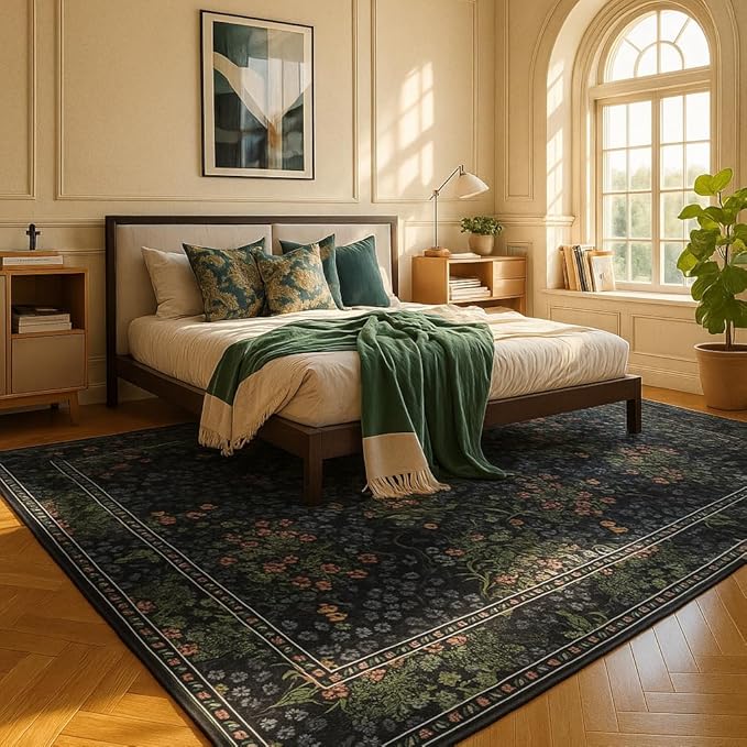 Lessymo Washable Dining Room Rugs, Floral 6x9 Area Rug for Living Room, Bedroom, Playroom, Farmhouse, Non Slip Forest Stain Resistance Large Throw Carpet, Black Green