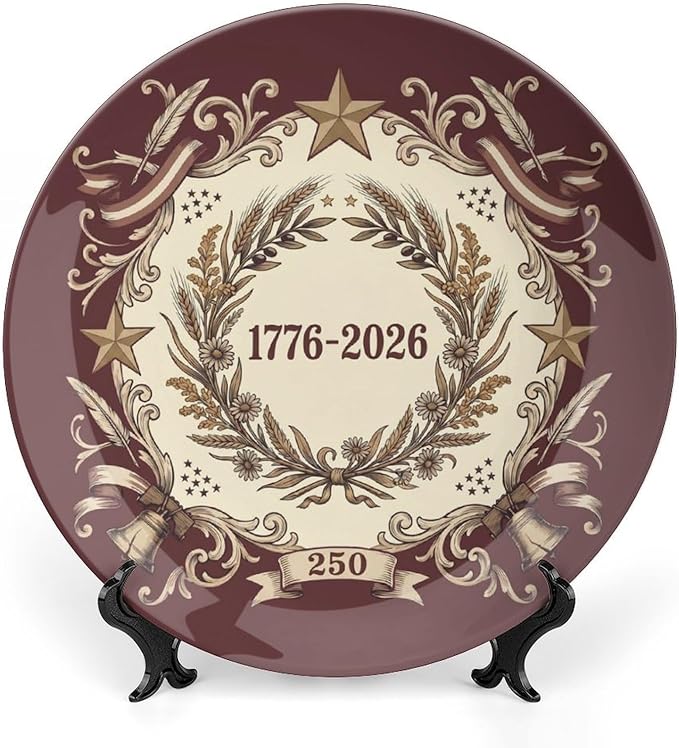250th Anniversary Decorative Plates 8 Inch Vintage Patriotic Decorations Commemorative Plates with Stand Independence Day 4th of July Semiquincentennial Home & Office Decor