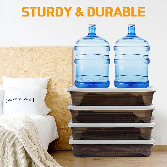 4 Pcs Plastic Under Bed Storage Containers with Lid Wheel Handle, Transparent Large Capacity Stackable Latching Storage Bins for Closet Bedroom Clothes Shoes (Brown,23.7 x 15.8 x 5.2)