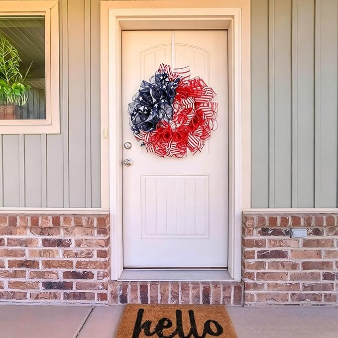 Patriotic Wreath for Front Door Red White Blue Wreath 4th of July Wreaths for Door Wall Memorial Day Decor Independence Day Hanging Decoration for Outside Home Farmhouse Holiday (Mesh)
