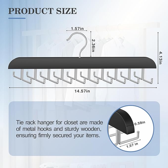 Tie Rack Hanger for Closet 20 Foldable Hooks, 2 Pack Wooden Non Slip Large Capacity Space Saving Tie and Belt Organizer with 360°Rotating Hooks for Tank Tops Bras Scarves Hat