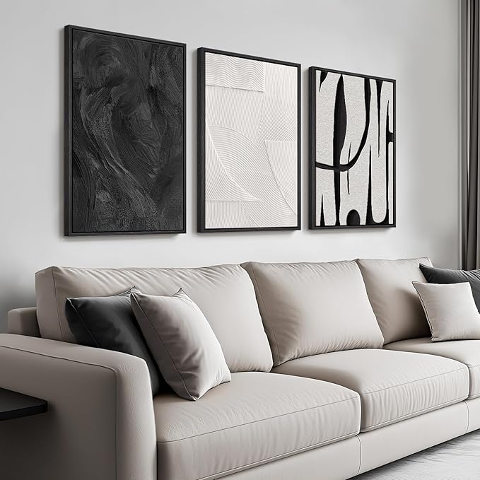 Framed Black and White Abstract Wall Art, 3 Piece Modern Canvas Prints Paintings Art for Walls, Minimalist Black White Abstract Pictures for Living Room Bedroom Dining Room Office Wall Decor 16x24 In
