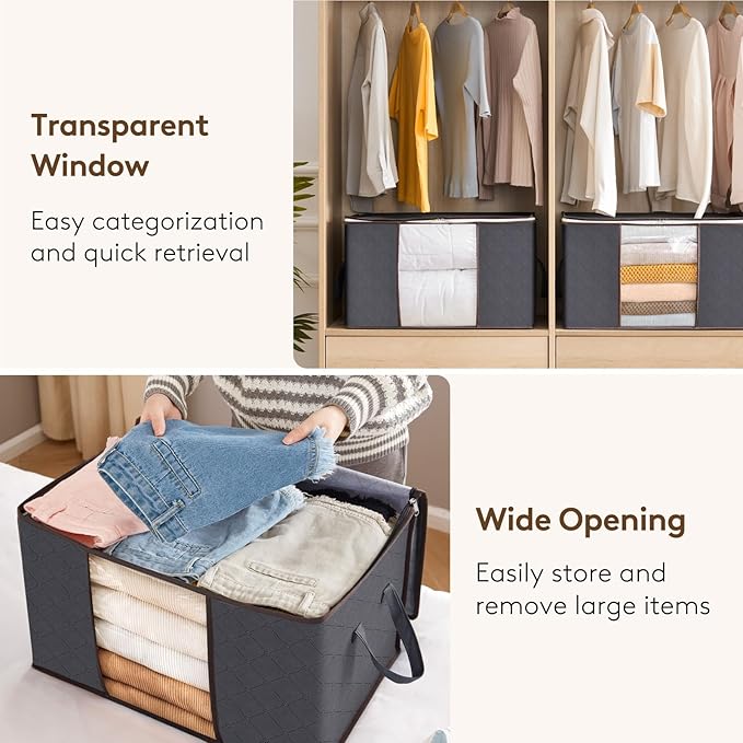 Lifewit 24 Pack 60L Clothes Storage Bins with Lids, Foldable Blanket Storage Bags with Zippers, Clear Window and Reinforced Handles, Closet and Organization for Clothing, Sweater, Comforter, Bedding