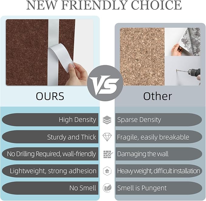 Large Felt Cork Board Alternative - 36" x 24" Bulletin Board with 30 Pushpins, 6 Pack Adhesive Cork Board, Sound Absorbing Fabric Wall Tiles, for Office Home Music Class, Red Brown