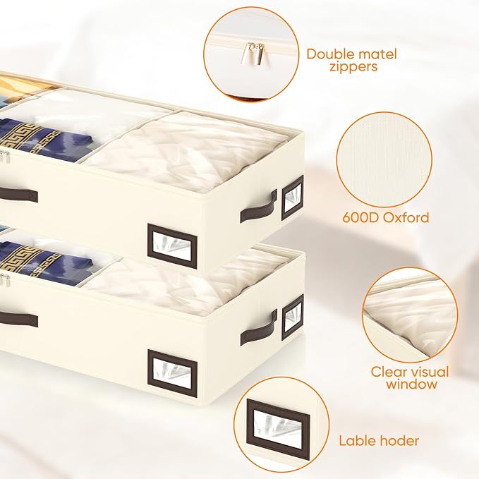 OIAHOMY 2 Pack Under Bed Storage, 6 Inch High Under Bed Storage Containers with Adjustable Dividers, Dual Zippers, &Clear Lid, 53L Under Bed Drawers For Clothes, Blankets, Clothing, & Shoes, Beige