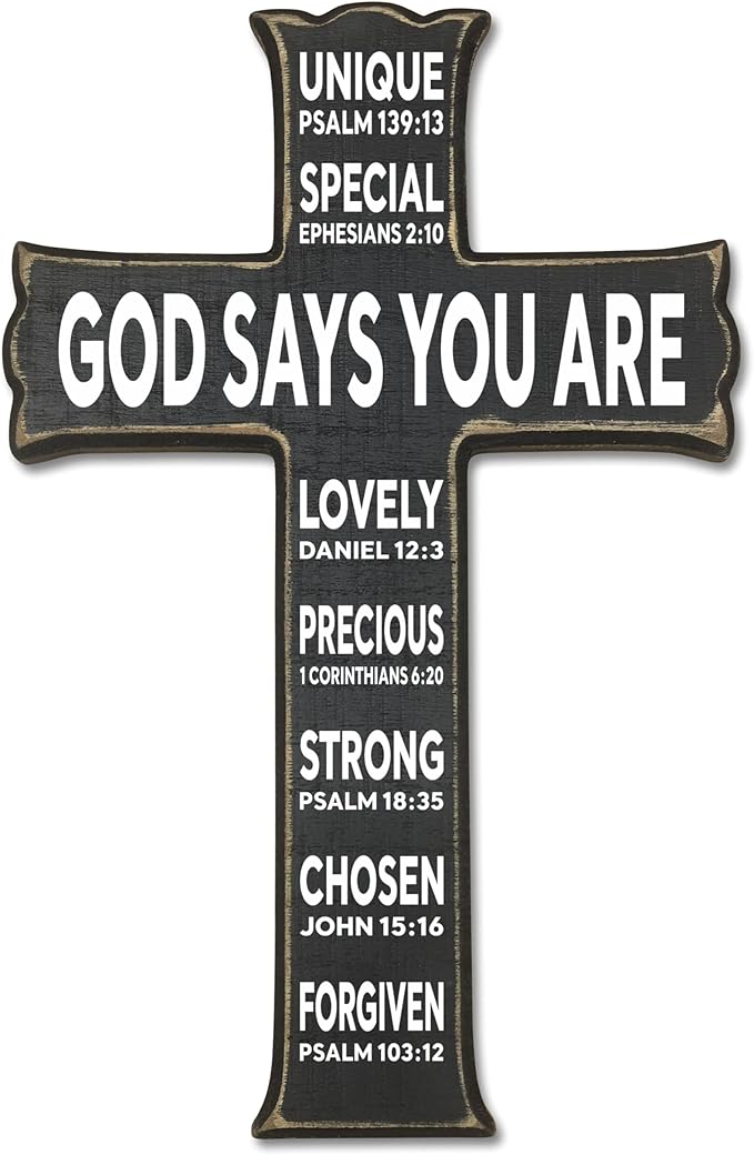 VZVCTFS God Says You Are Wooden Cross - 6.5x10 Inch Inspirational Bible Verse Wall Decor for Home Office Kitchen, Christian Scripture Hanging Gift for Easter Christmas（Black）- A06