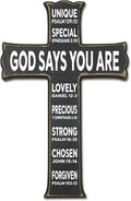 VZVCTFS God Says You Are Wooden Cross - 6.5x10 Inch Inspirational Bible Verse Wall Decor for Home Office Kitchen, Christian Scripture Hanging Gift for Easter Christmas（Black）- A06