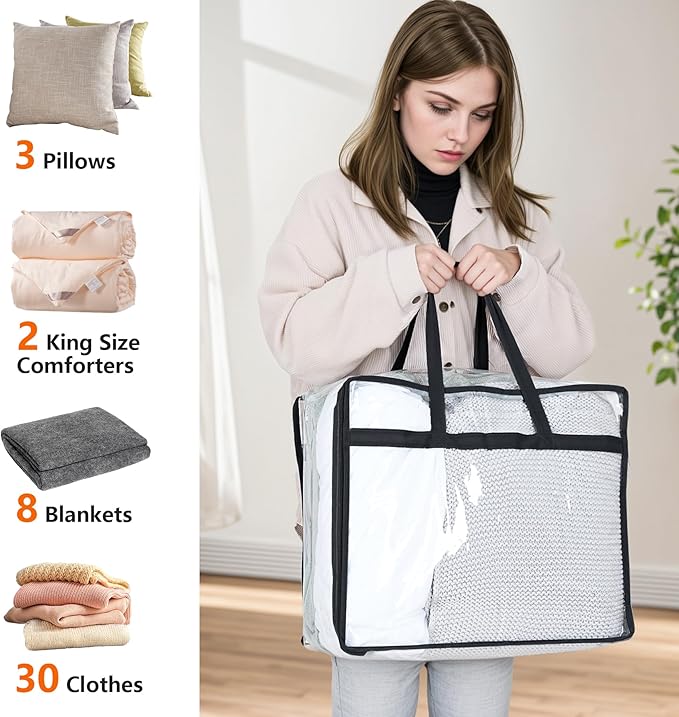 Budding Joy Clear Zippered Storage Bags for Clothes,40L Closet Organizers and Storage Containers Vinyl Moving Bag for Bedding, Linen, Blankets, Comforters, Clothing & Toys, Black, 2 Pack