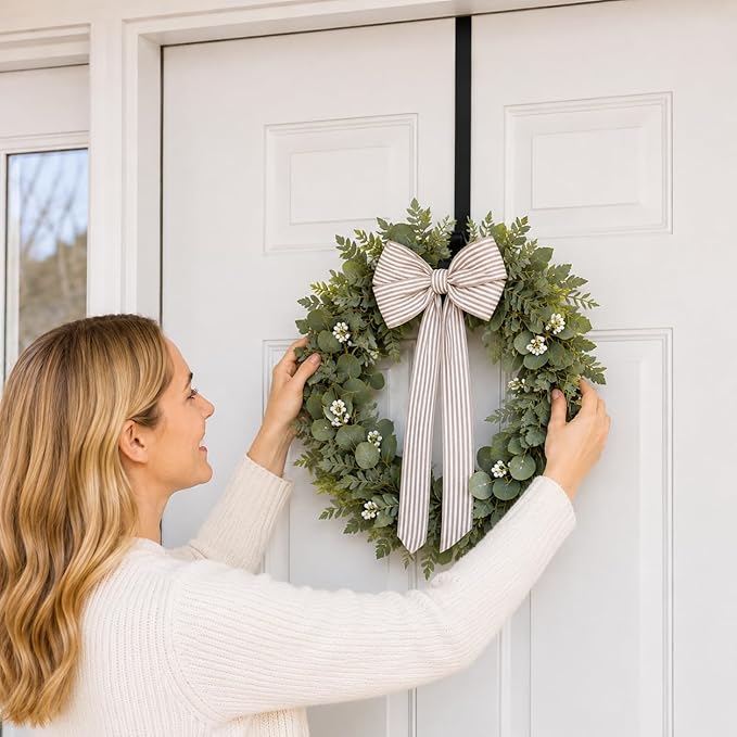 HappyFiller Wreath Hanger for Front Door, 15-25" Adjustable Heavy Duty Metal Hook Holds up to 20 lbs, Large Over the Door Wreath Holder for Christmas, Fall, Halloween Decorations & Home Decor (Black)
