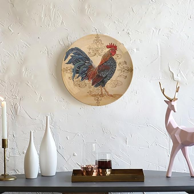 Rooster Decorative Plate Stand, 10 Inch, Rooster On A Khaki Background Round Display Plate, Handmade Ceramic Ornament, for Display Living Room Kitchen Closet Table Decor