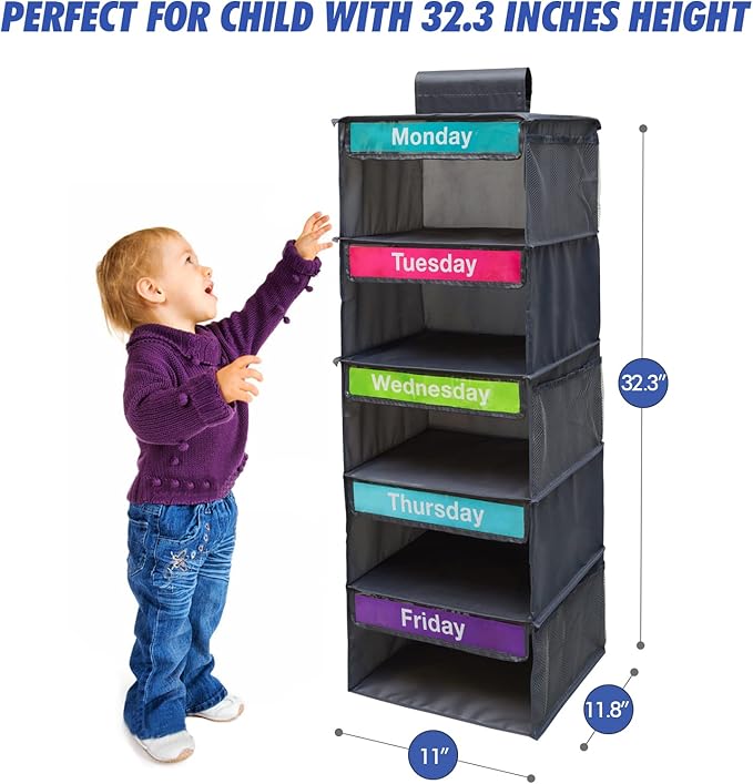 5-Shelf Weekly Clothes Organizer for Kids, Kids Daily Shelf Hanging Closet Organizer with 6 Side Pockets, Days of The Week Hanging Storage Shelves, Grey
