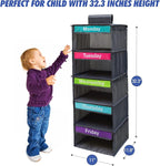 5-Shelf Weekly Clothes Organizer for Kids, Kids Daily Shelf Hanging Closet Organizer with 6 Side Pockets, Days of The Week Hanging Storage Shelves, Grey