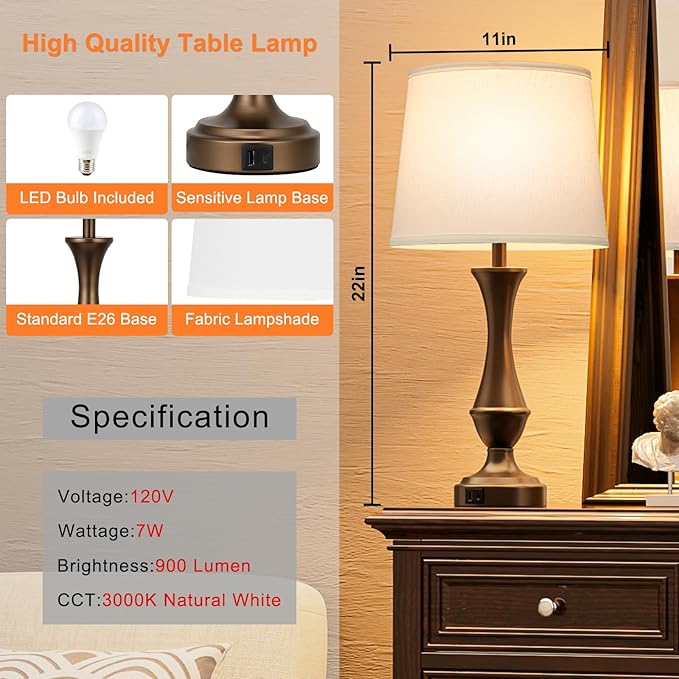 Seealle Upgraded Touch Lamps for Night Stands Set of 2 - Bedside Lamps with USB C+A, 3 Way Dimmable for Bedroom Living Room End Tables Office (White&Brown)