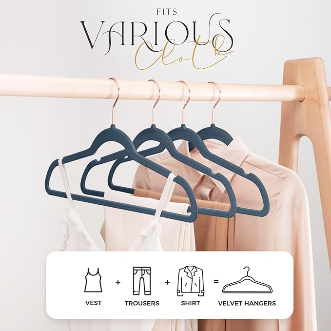HOUSE DAY Velvet Hangers 60 Pack, Premium Clothes Non-Slip Felt Hangers, Sturdy Navy Blue Men Heavy Duty Coat Hanger, Suit Hanger for Space Saving 360° Rotating Rose Gold Hook
