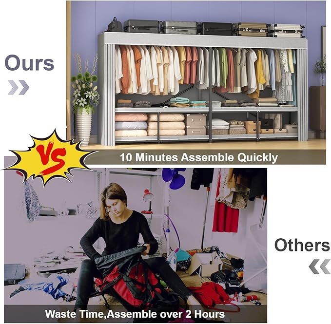 95% Assembled 96" L Heavy Duty Wardrobe Closet, Premium Extra Large Strong Heavy Duty Clothes Rack with Cover,Portable Foldable Freestanding Garment Rack for Hanging Clothes, Black