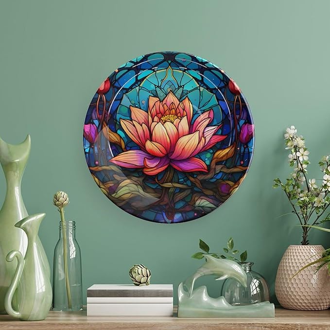 Stained Glass Design Gothic Mandala Lotus Decorative Plates Home Decor Ceramic Plates, Dinner Plates Display for Living Room, Kitchen, Hallway Console Side Table, Presents for Lotus Lover, 6 Inch