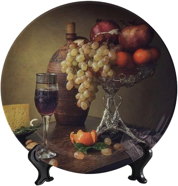 Decorative Plate Holder, 10 Inch, Cheese Grape Pomegranate Orange Garnish Round Display Plate, Decorative Plates with Stand, for Wall Hanging Living Room Bathroom Decor Gift