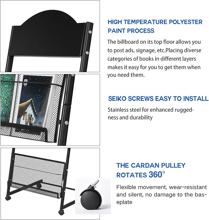 LIWSHWZ Brochure Display Stand,4-Tier Magazine Rack,Floor-Standing Magazine Literature Display Stand with Wheels,High-hardness metal,for Shop Exhibitions Office